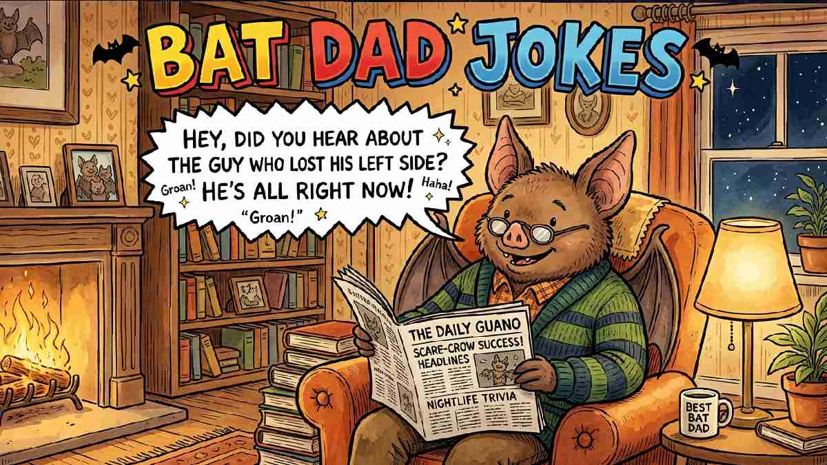 Cartoon bat wearing glasses and cardigan reading newspaper in armchair representing classic groan-worthy bat dad joke collection.