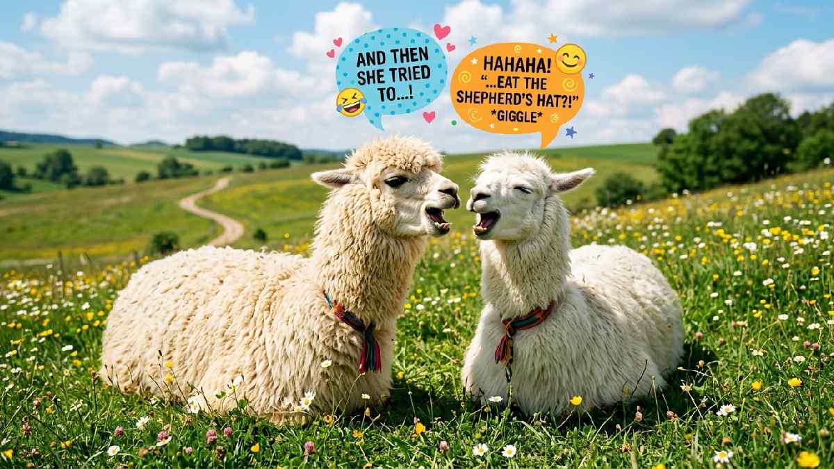 Two fluffy llamas laughing together sharing jokes in sunny meadow showing the best llama puns to share with friends.
