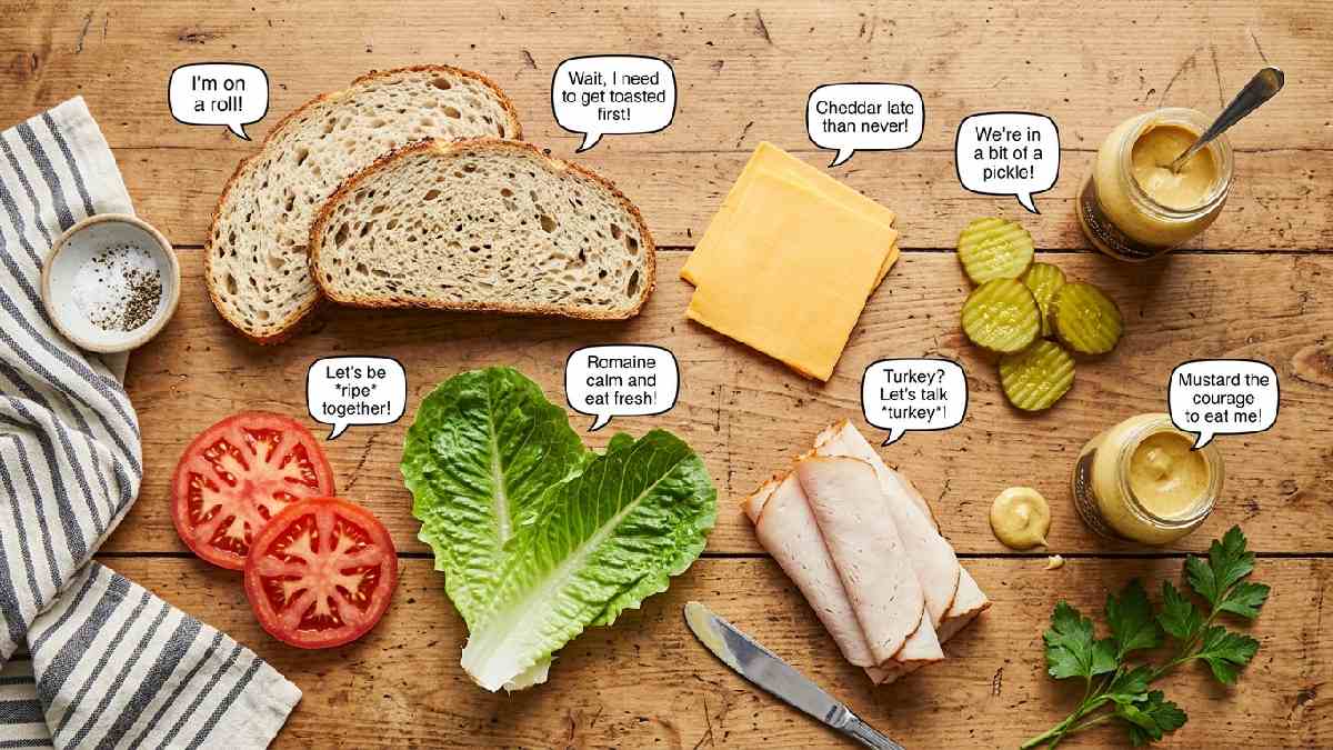 Sandwich ingredients including bread tomatoes cheese lettuce pickles and turkey with joke speech bubbles showing funny bread and ingredients jokes.