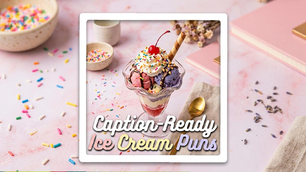 Colorful ice cream sundae with phone camera frame overlay representing Instagram caption ready ice cream pun collection.