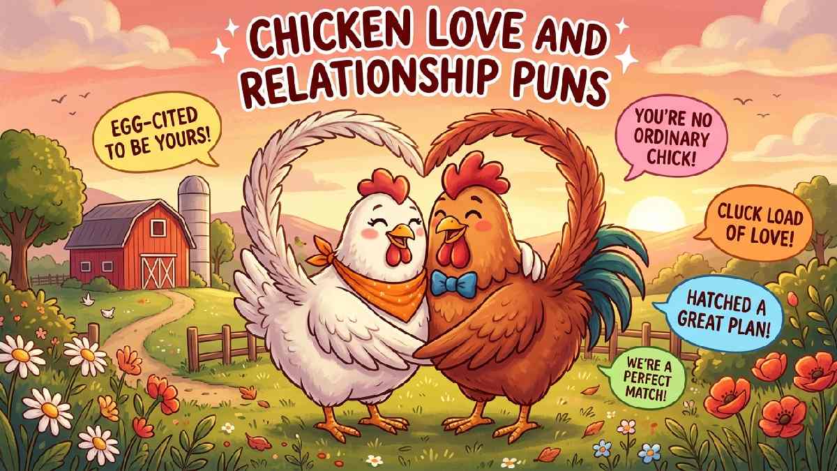Two cartoon chickens forming heart shape with wings at sunset representing sweet chicken themed love and relationship puns.