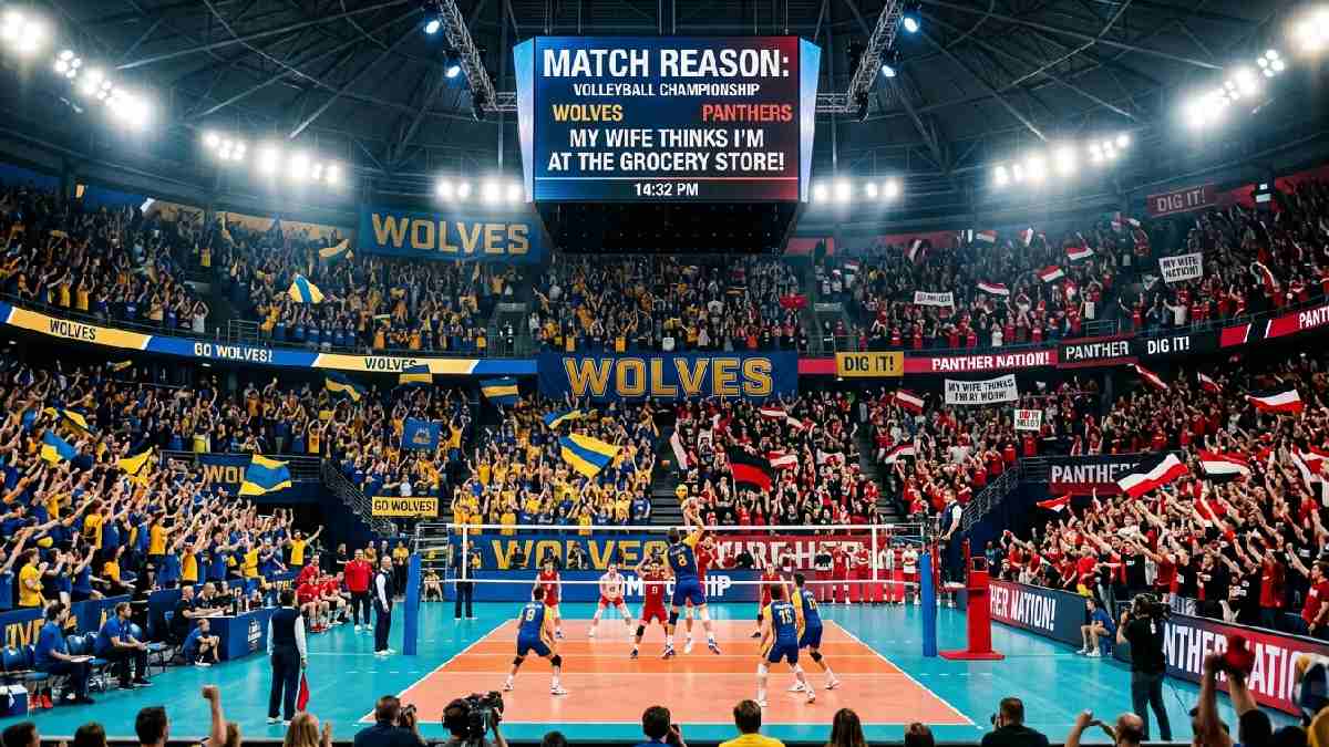 Packed volleyball stadium with players warming up and crowd cheering showing funny game day and match jokes for volleyball fans.