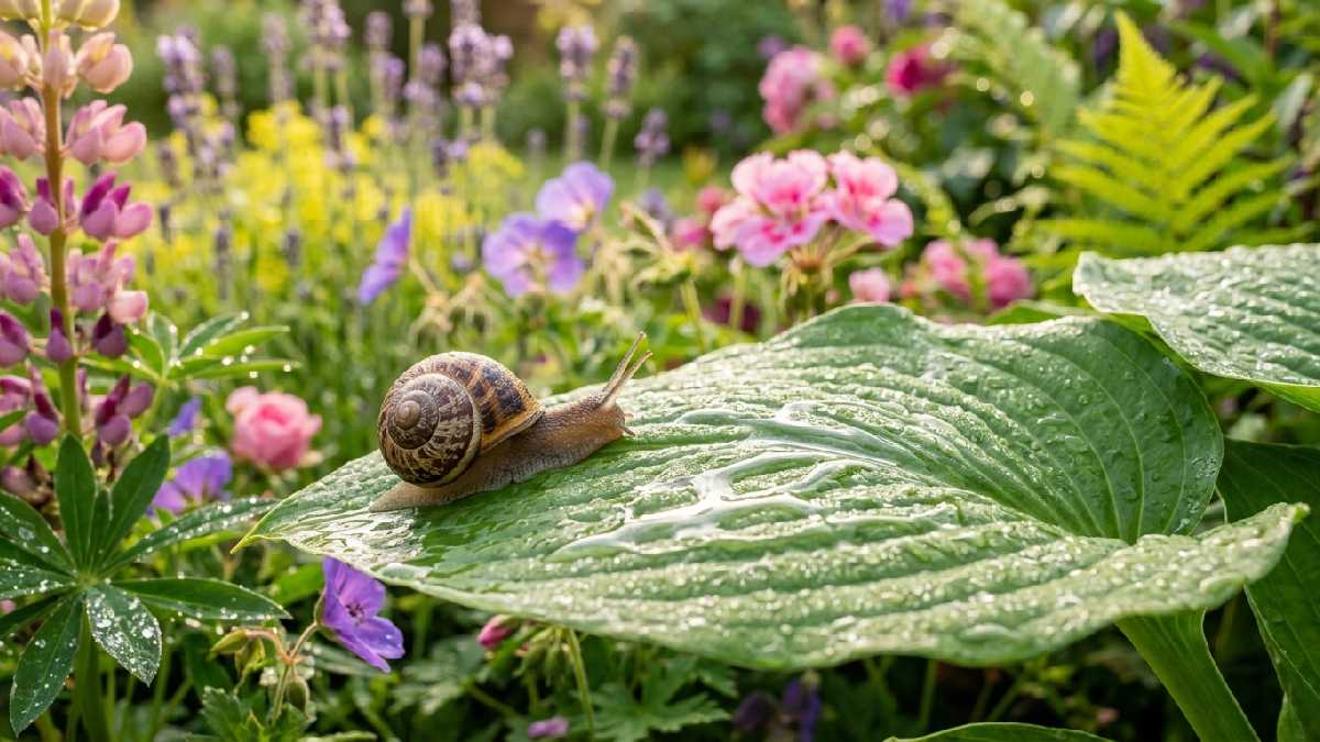 Cute snail crawling on green leaf leaving slime trail in lush garden showing funny garden and nature snail jokes collection.
