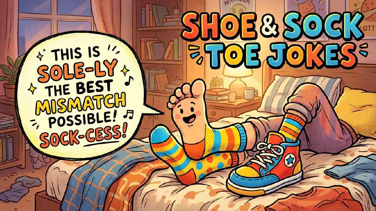 Cartoon foot wearing mismatched sock and shoe with funny speech bubble showing shoe and sock themed toe jokes.
