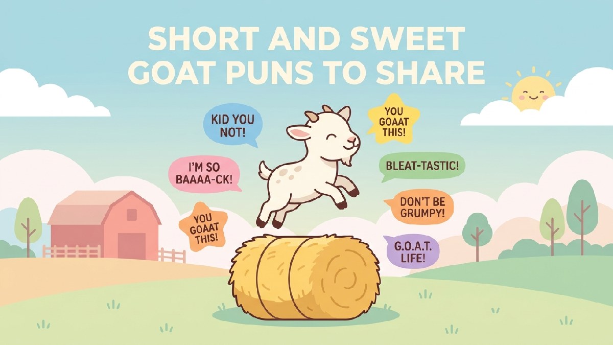 Happy baby goat jumping on hay bale with short pun bubbles representing sweet and shareable goat puns collection.