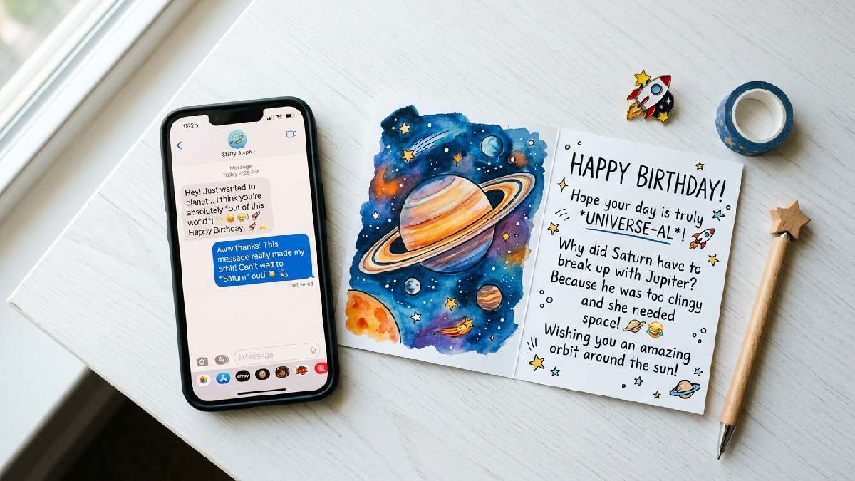 Smartphone with planet joke text message beside space-themed greeting card showing funny planet jokes perfect for texts and cards.
