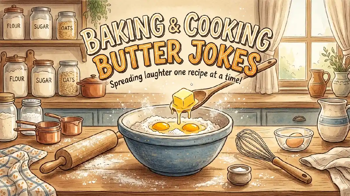 Melting butter cube sliding into mixing bowl with flour and eggs representing baking and cooking themed butter jokes.