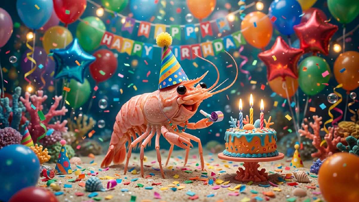 Cute shrimp wearing birthday hat surrounded by balloons confetti and cake showing funny birthday shrimp puns for celebrations.