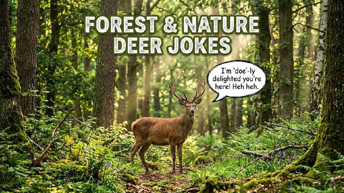 Deer standing peacefully in lush green forest with sunlight beams representing forest and nature themed deer pun jokes.