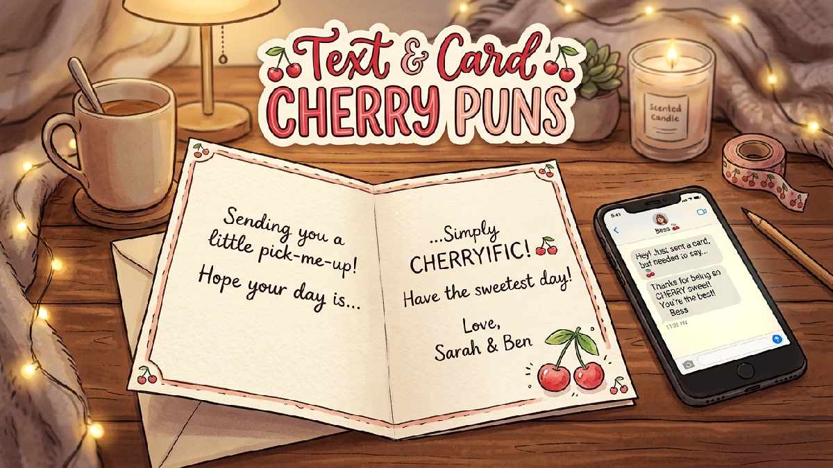 Greeting card with cherry doodle beside smartphone text bubble representing cherry puns made for cards and text messages.