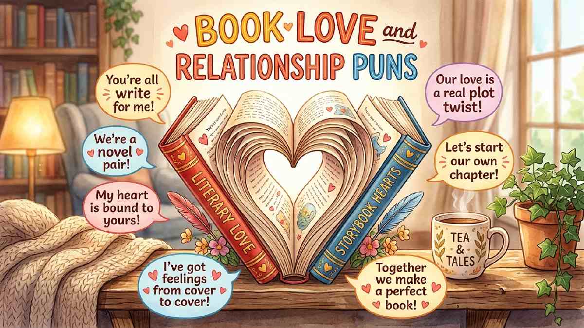 Two open books leaning together forming heart shape with pages representing sweet book themed love and relationship puns.