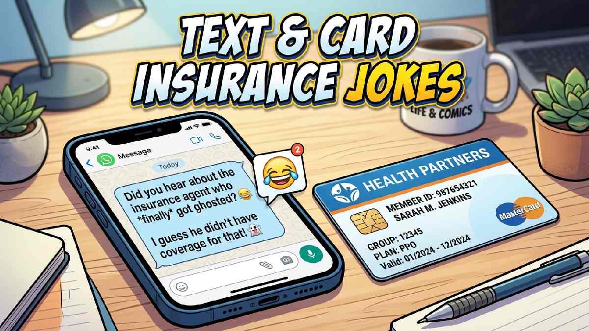 Smartphone text bubble beside insurance ID card on table representing text and card themed insurance joke collection.