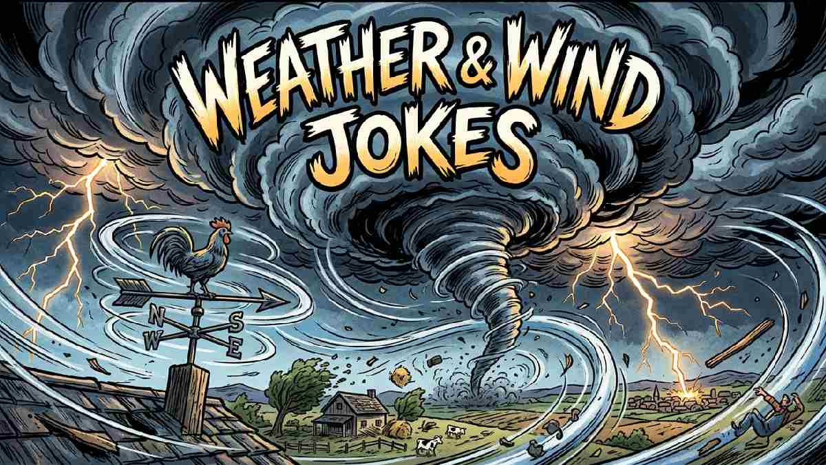 Stormy sky with dark clouds lightning and spinning weather vane representing weather and wind themed tornado jokes collection.