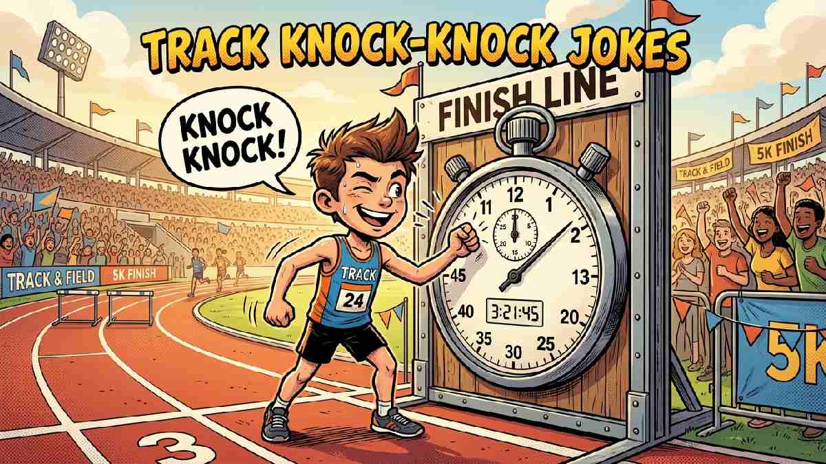 Mischievous cartoon runner knocking on stopwatch shaped door with speech bubble presenting a fun collection of track knock-knock jokes.