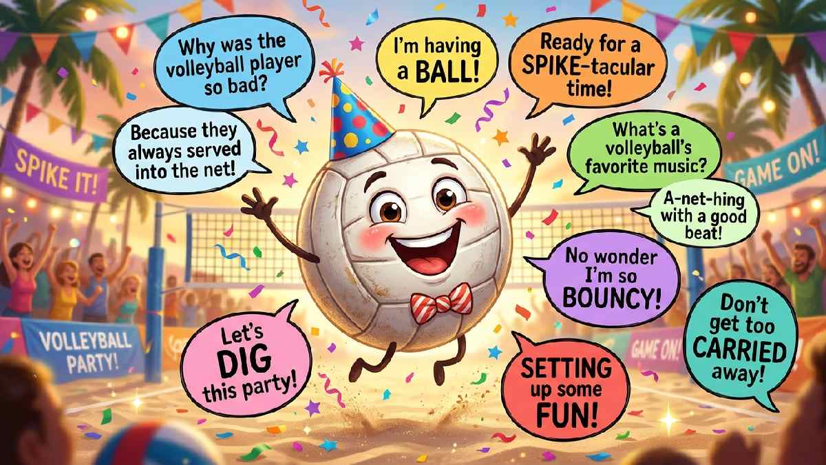 Silly volleyball in party hat with multiple speech bubbles and confetti showing bonus silly volleyball one-liner puns collection.