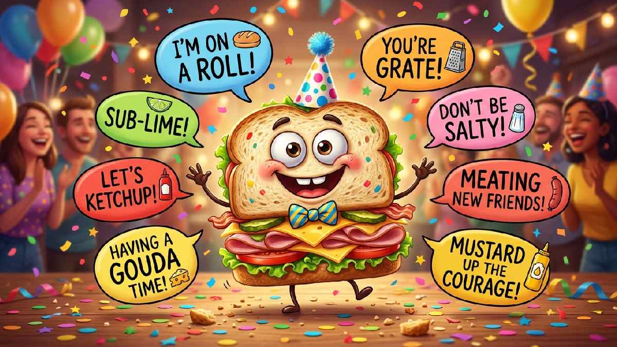 Silly cartoon sandwich in party hat with multiple funny speech bubbles and confetti showing bonus silly sandwich one-liner puns collection.