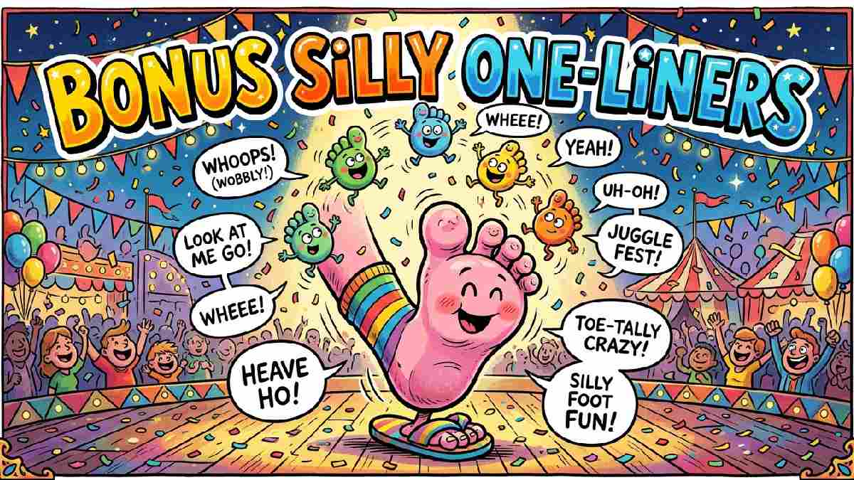 Cartoon foot juggling tiny toe characters with confetti and silly speech bubbles representing bonus one-liner toe jokes collection.
