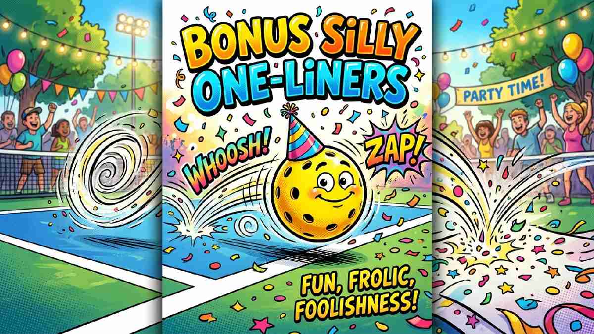 Pickleball wearing tiny party hat rolling off court with confetti scattered around representing bonus silly pickleball one-liner jokes.