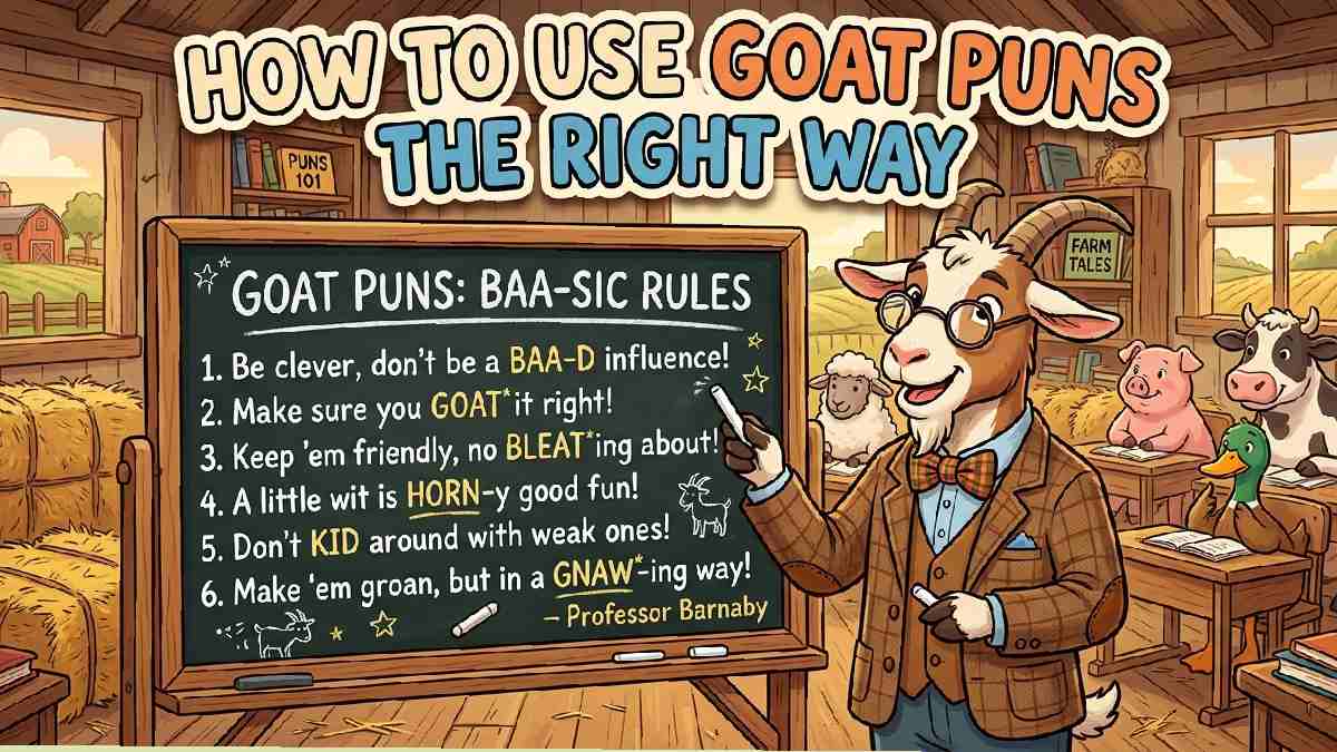 Goat dressed as teacher near chalkboard showing helpful tips on how to use goat puns the right way.