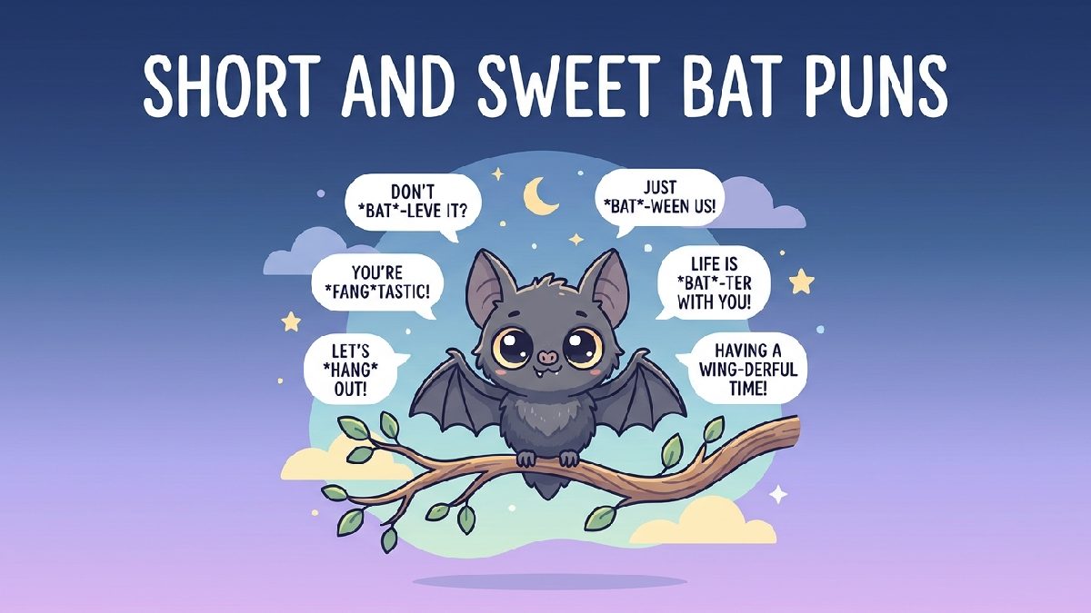 Tiny baby bat with round eyes on branch with short pun bubbles representing sweet and short bat pun jokes.