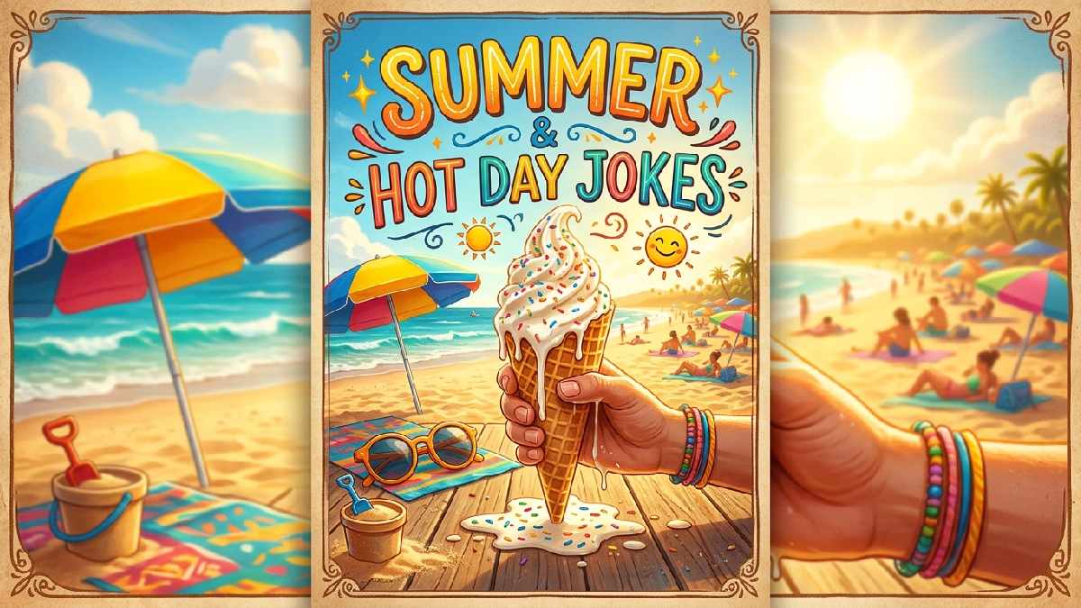 Ice cream cone melting under summer sunshine near beach umbrella representing hot day and summer themed ice cream jokes.