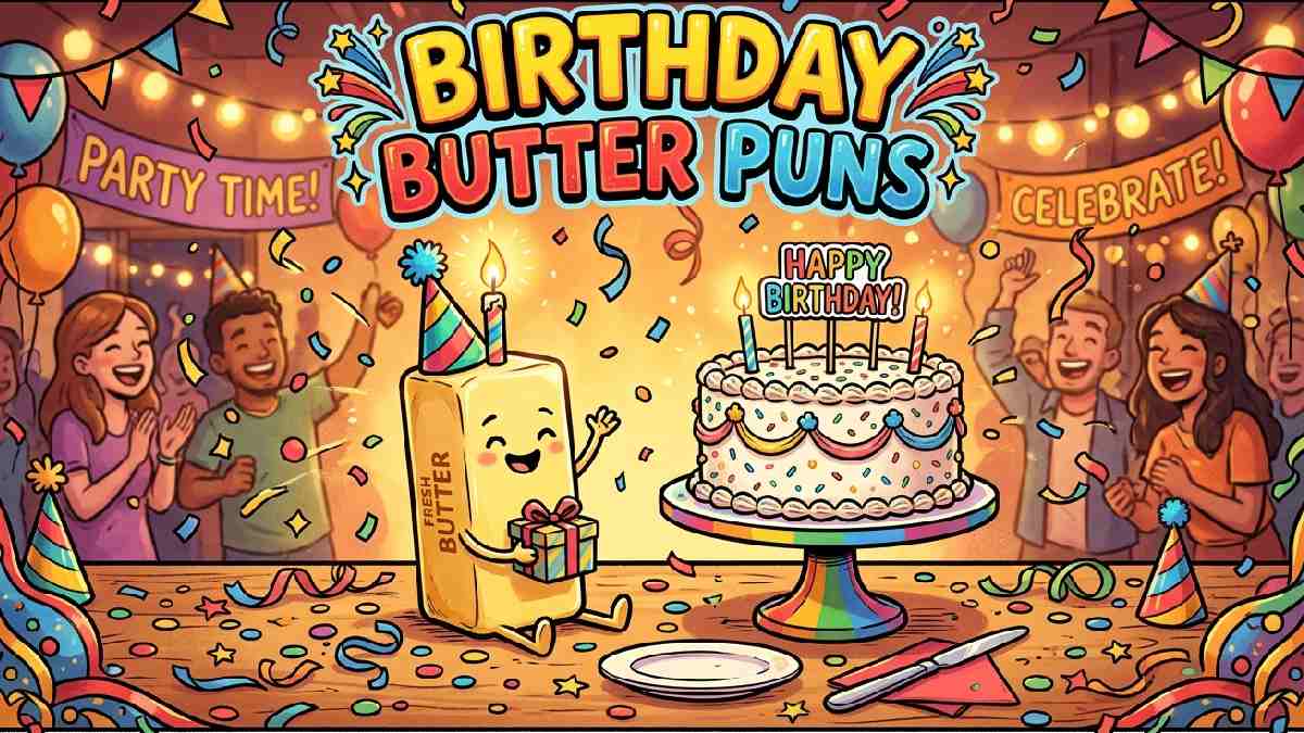 Butter stick wearing party hat with lit candle beside birthday cake representing fun and festive birthday butter puns.