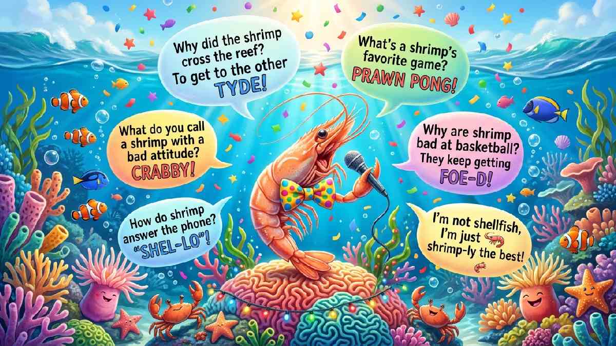 Tiny shrimp in bow tie with multiple silly joke speech bubbles and confetti showing bonus silly shrimp one-liners collection.