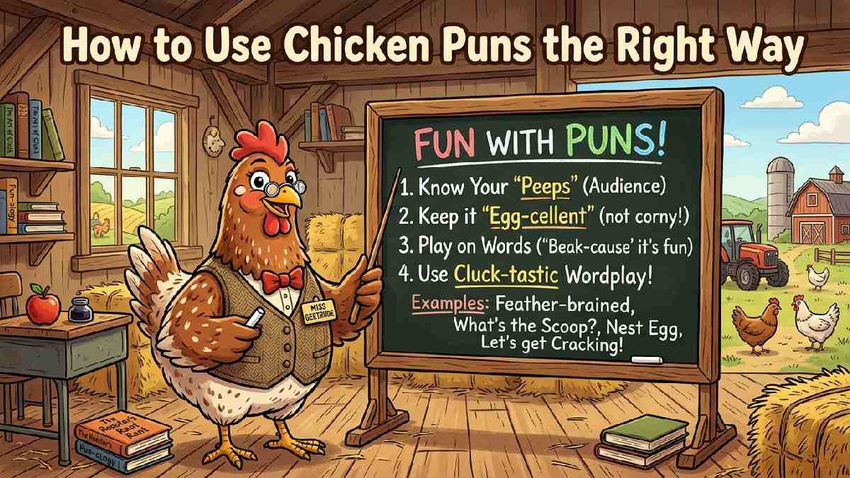 Chicken dressed as teacher near chalkboard showing helpful tips on how to use chicken puns the right way.