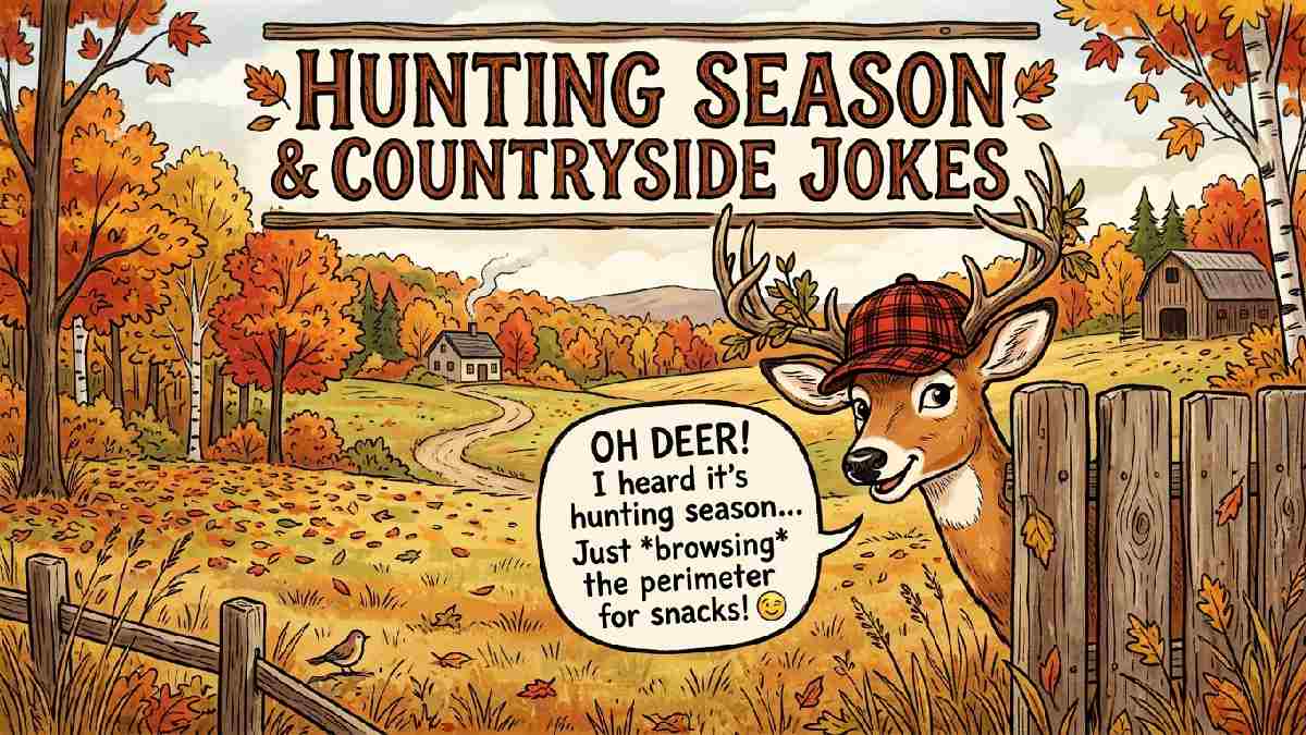 Cartoon deer wearing plaid hunting cap hiding behind fence in countryside field representing hunting season and country jokes.