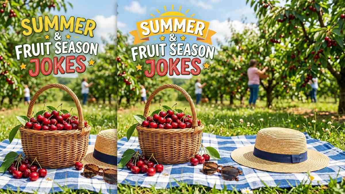 Wicker basket overflowing with fresh cherries on picnic blanket in sunlight representing summer and fruit season cherry jokes.