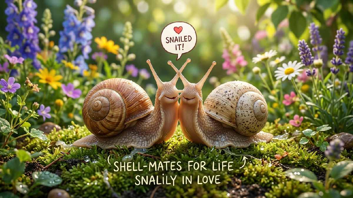 Two cute snails touching antennae with heart speech bubble in garden showing sweet friendship and love snail puns collection.