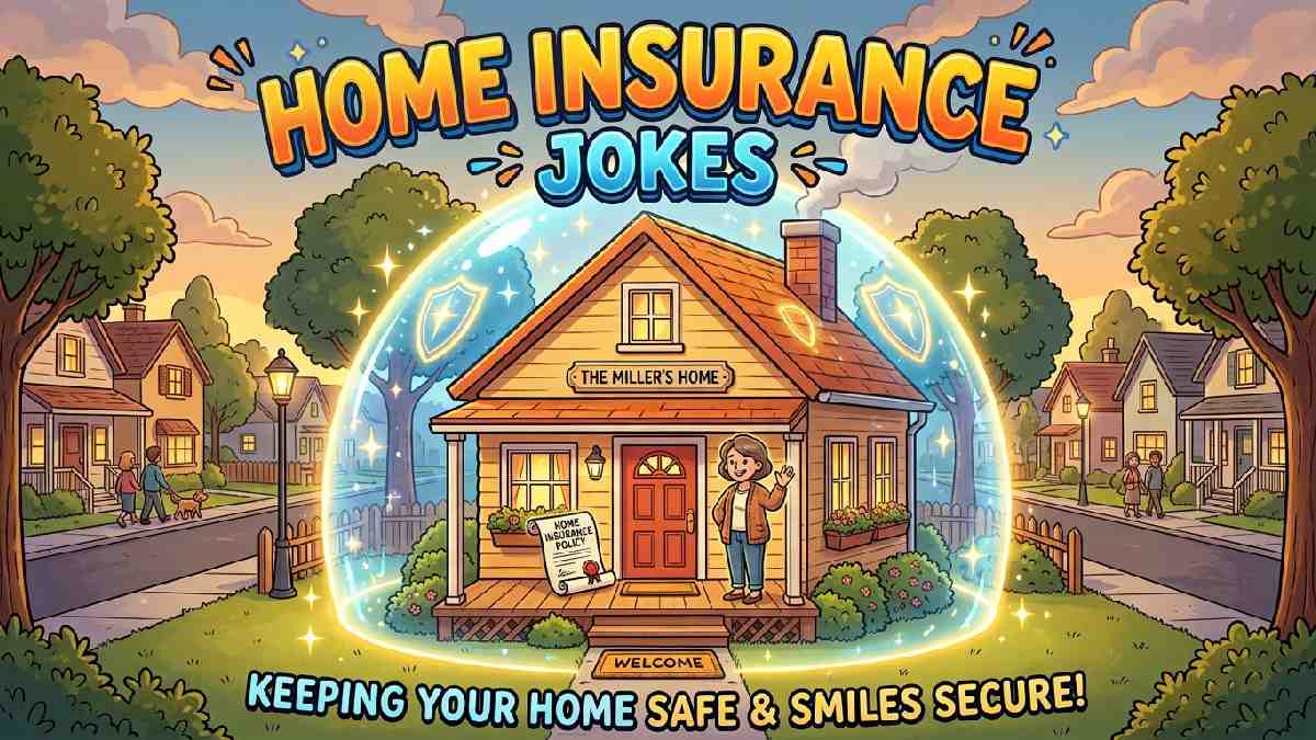 Cozy house wrapped in protective glowing shield with policy scroll on porch representing funny home insurance jokes.