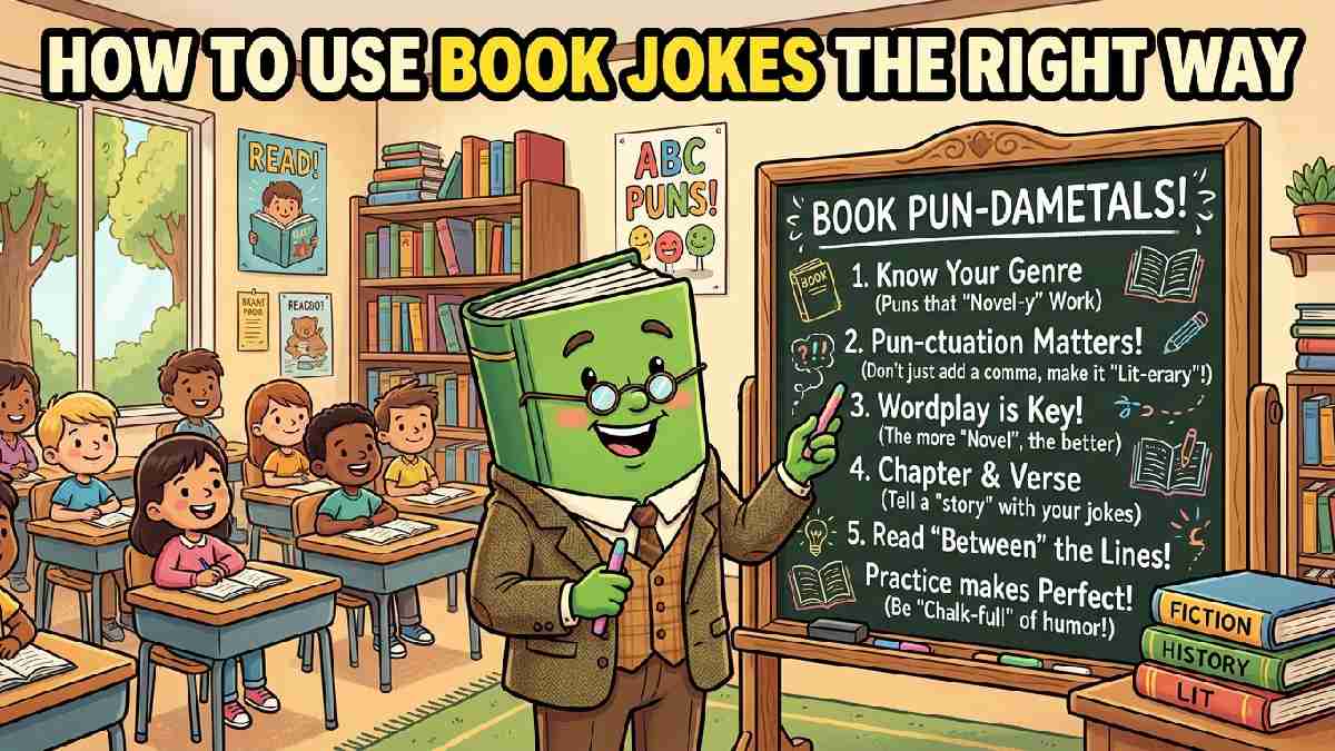 Cartoon book dressed as teacher near chalkboard showing helpful tips on how to use book jokes the right way.