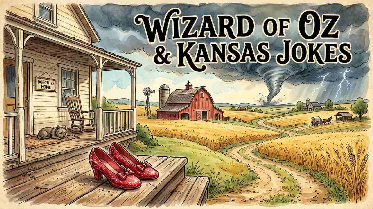 Farmhouse with wheat fields and approaching tornado beside ruby red shoes representing Kansas and storybook themed tornado jokes.