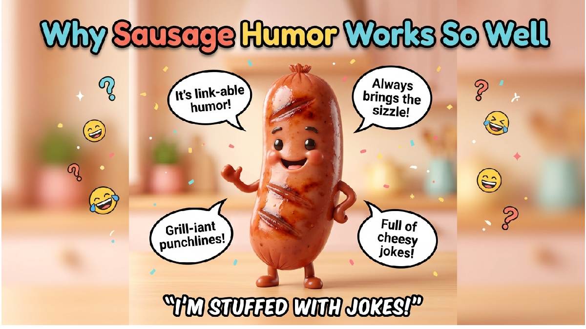 Smiling sausage character with grill marks, funny speech bubbles, playful doodles, warm pastel background, colorful title, and humorous sausage-themed caption.