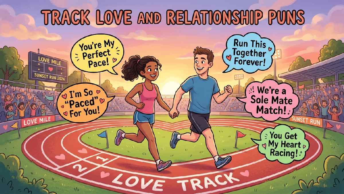 Two cartoon runners jogging hand in hand on heart shaped track representing sweet track themed love and relationship puns.