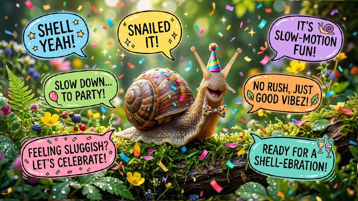 Silly snail in party hat with multiple speech bubbles and confetti showing bonus silly snail one-liner puns collection for all ages.