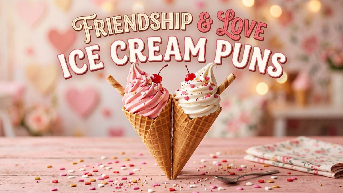 Two ice cream cones leaning together forming heart shape representing friendship and love themed ice cream pun collection.