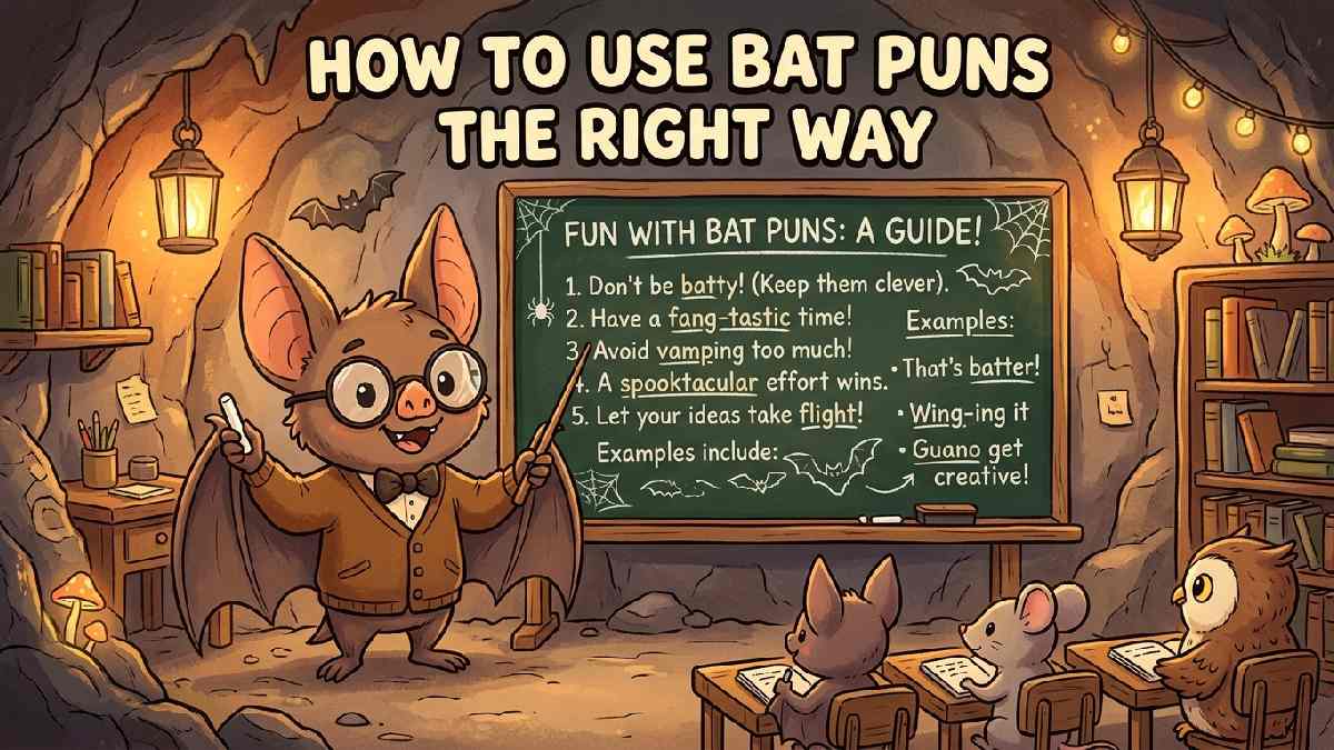 Bat dressed as teacher near chalkboard showing helpful tips on how to use bat puns the right way.
