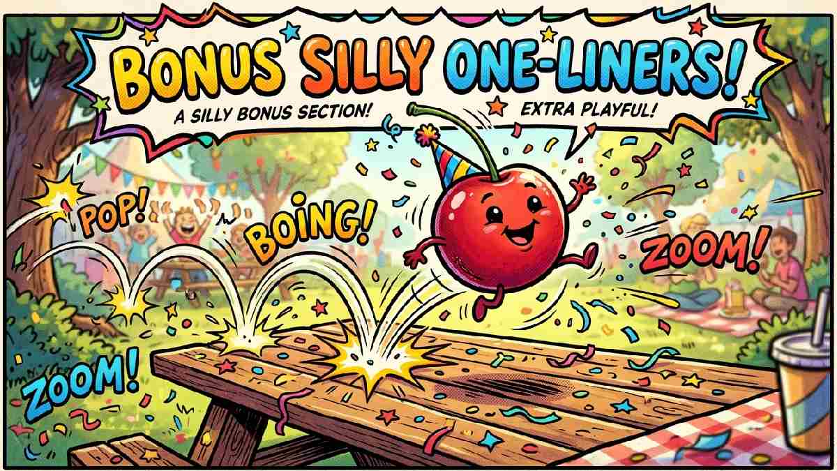 Cherry wearing tiny party hat bouncing with confetti scattered around representing bonus silly cherry themed one-liner jokes.