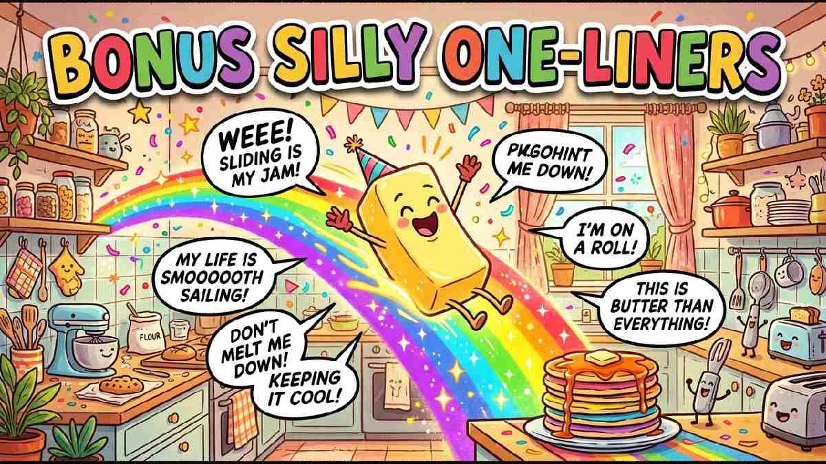 Butter stick sliding down rainbow with confetti and silly speech bubbles representing bonus silly butter one-liner jokes.