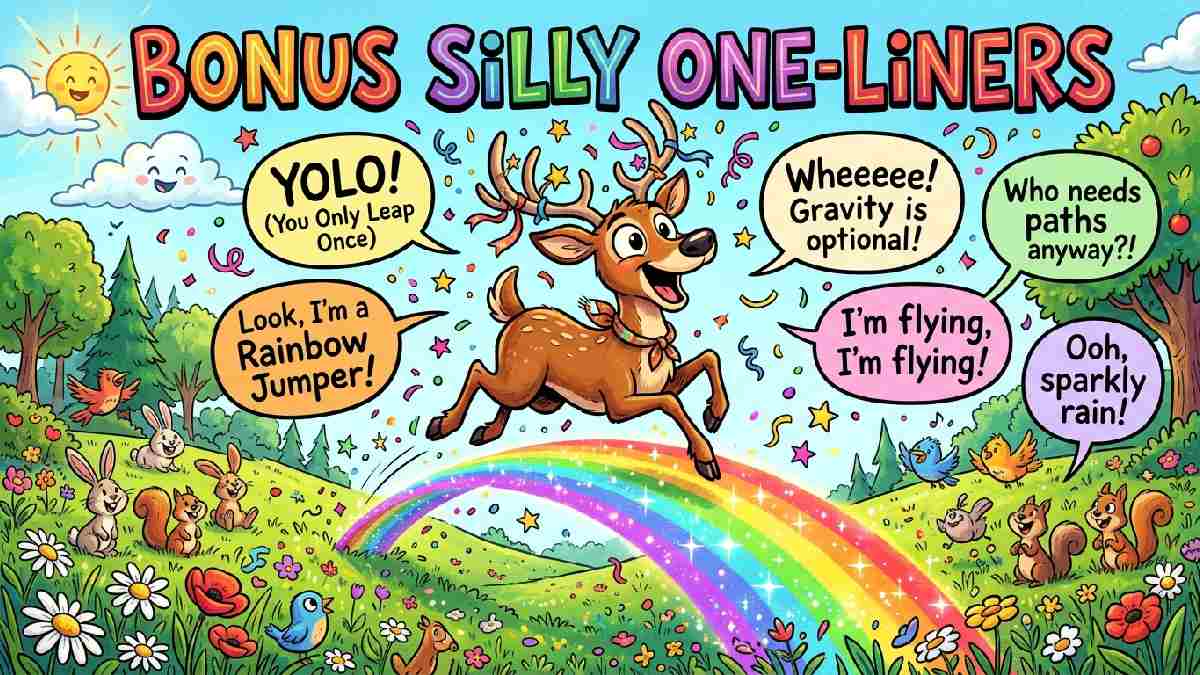 Cartoon deer hopping over rainbow with confetti and silly speech bubbles representing bonus one-liner deer jokes collection.