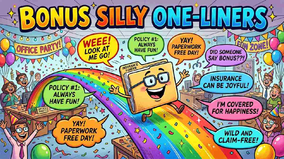 Insurance folder sliding down rainbow with confetti and silly speech bubbles representing bonus silly insurance one-liner jokes.