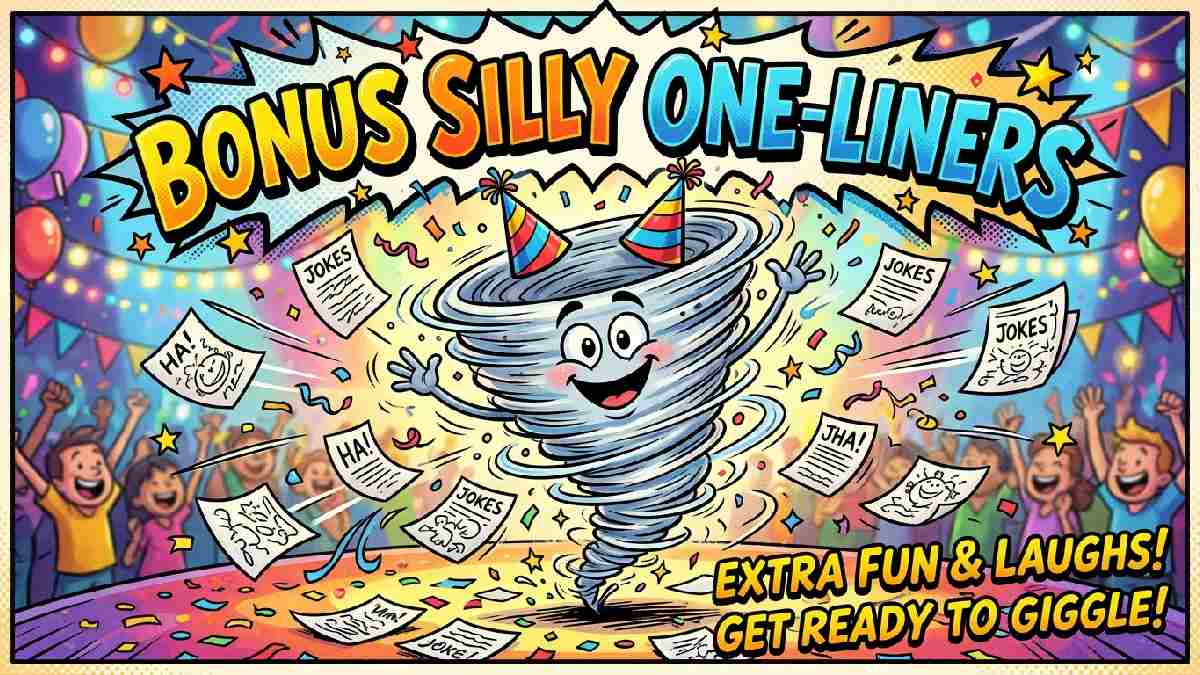 Cartoon tornado wearing party hat spinning with confetti and papers flying around representing bonus silly tornado one-liner jokes.
