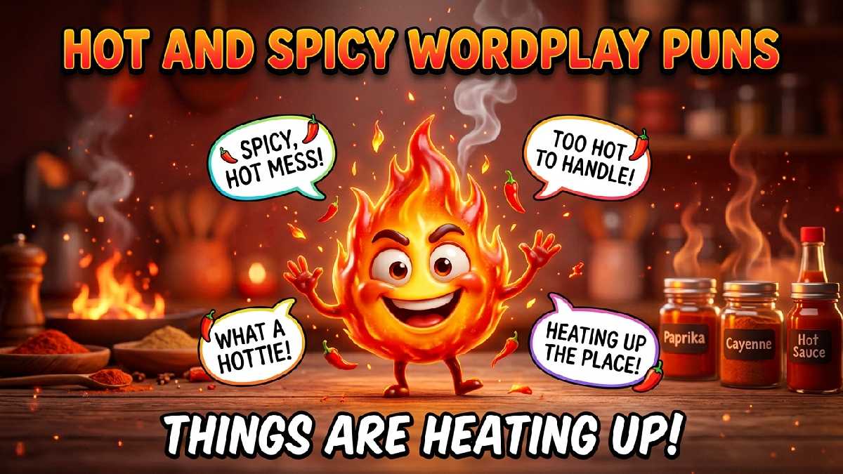 Smiling mischievous flame character with red-orange-yellow fiery texture, smoke wisps, speech bubbles, chili icons, ember sparkles, heat shimmer, colorful title, and witty caption.