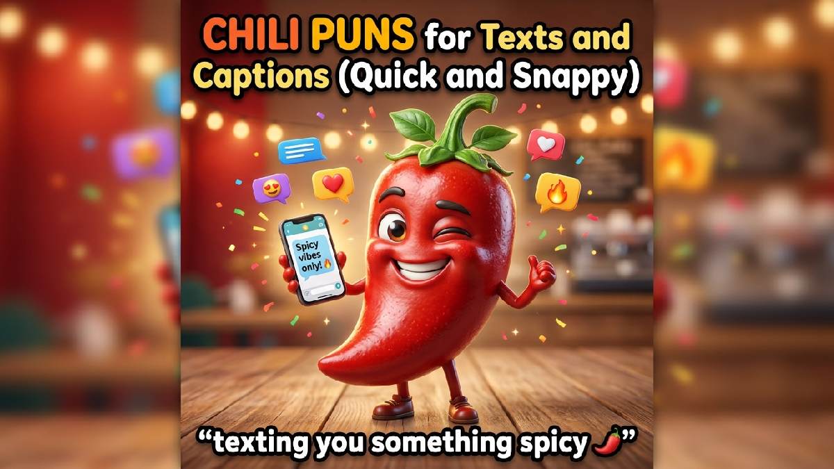 Smiling red chili pepper character holding smartphone with text bubble, warm red-orange background, chat icons, sparkles, colorful title, and spicy caption.