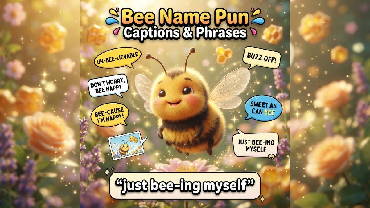 Smiling bumblebee with fuzzy yellow-black stripes and translucent wings, surrounded by speech bubbles, flowers, honeycomb shapes, sparkles, and caption cards.