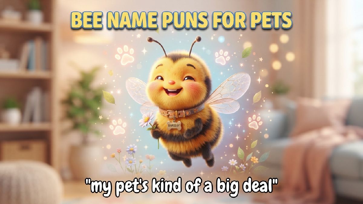 Smiling bumblebee pet with fuzzy yellow-black stripes, translucent wings, tiny collar and name tag, surrounded by paw prints, flowers, and sparkles.