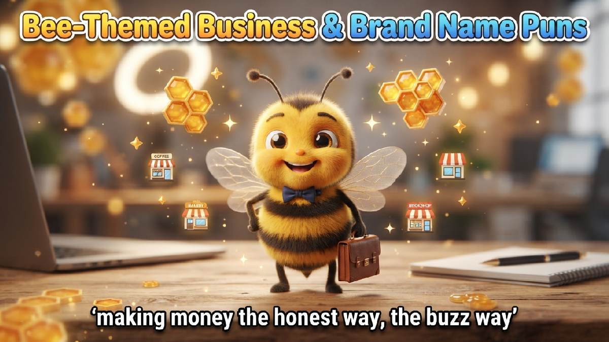 Confident smiling bumblebee wearing bowtie and holding briefcase, surrounded by honeycomb shapes, shop icons, sparkles, and business-themed decorations.