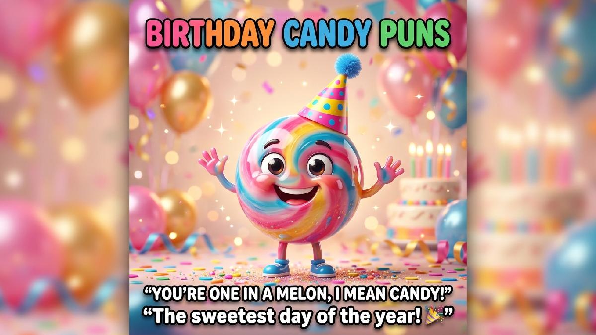 Smiling colorful candy character wearing birthday party hat, balloons, confetti, birthday cake, pastel pink-gold background, sparkles, colorful title, and witty caption.